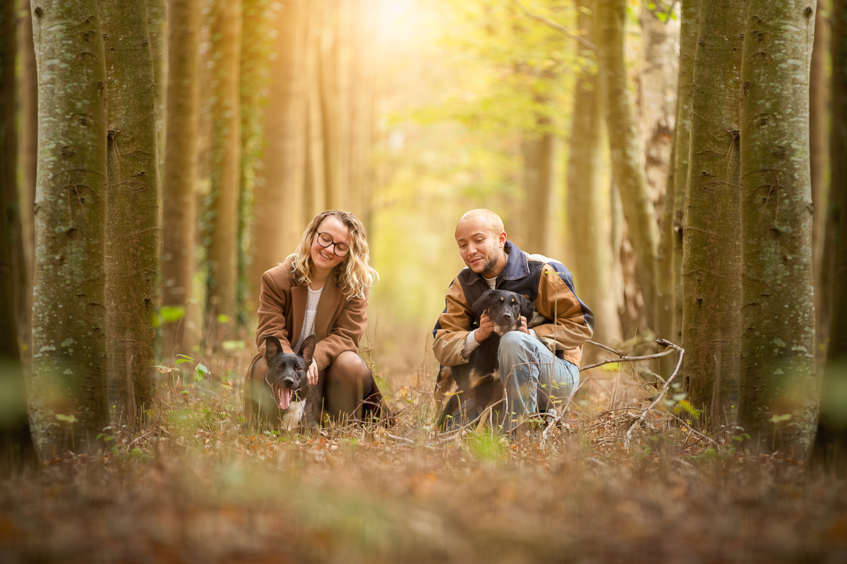 couple et leurs chiens foret seance photo professionnelle automne