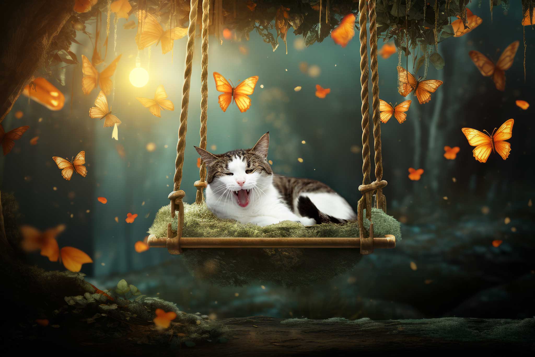 Un chat sur une balançoire féerique