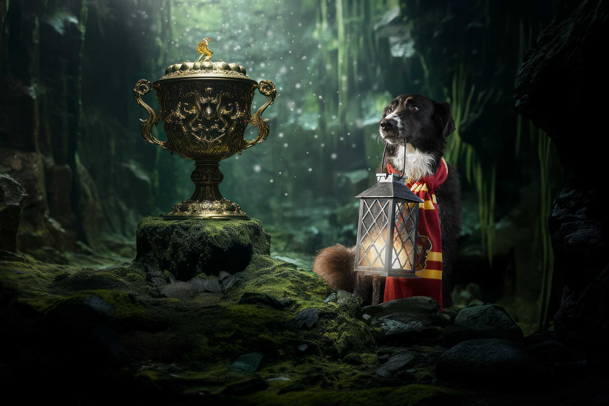 Un chien border collie attrapant la coupe de feu d'Harry Potter